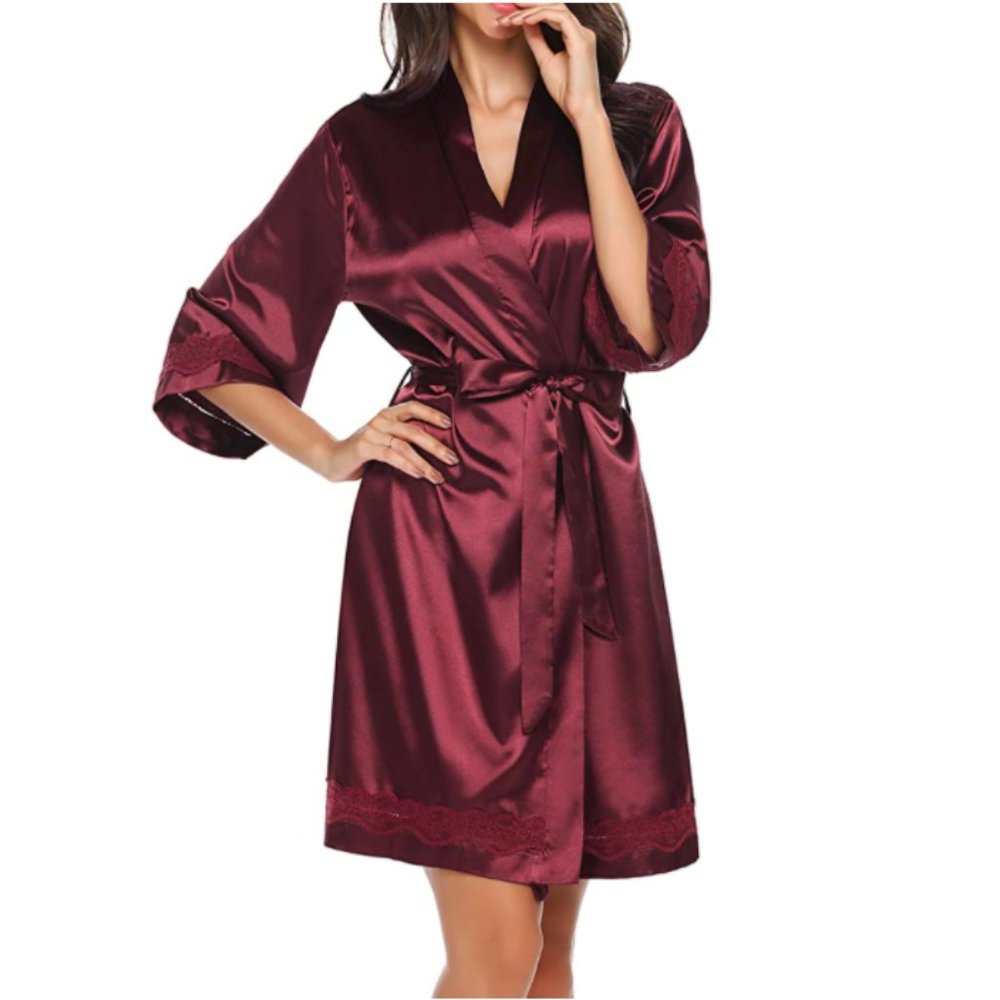 NEW! Sexy Lace Trim Silky Satin Kimono Robe